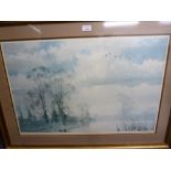 ARTIST SIGNED PRINT,  MISTY RIVER LANDSCAPE (FADED)  ANOTHER SIGNED PRINT 'HILL FARMING' (2)