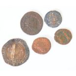 JAMES I HAMMERED SILVER SIXPENCE 1603 with crease line and wear, THREE VARIOUS ROMAN COINS the
