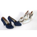 PAIR OF DOLCIS BY BALLY BLUE SUEDE HEELED COURT SHOES, A PAIR OF HOLOGRAPHIC SILVER HIGH HEEL SHOES,