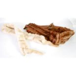 BROWN MINK FUR STOLE, WHITE MINK FUR STOLE, A WHITE FEATHER COLLAR AND A BOX OF TABLE LINEN