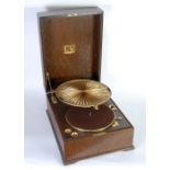 HMV 'His Master's Voice' TABLE GRAND GRAMOPHONE 1920s with lumiere gilt pleated diaphragm and gilt