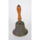 LARGE BRASS AND GILT METAL SCHOOL BELL, with turned blondwood baluster shaped handle, 10 1/2" *26.