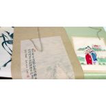 THREE ORIENTAL SCROLL PICTURES, comprising, A WATERCOLOUR OF A MOUNTAINOUS RIVER LANDSCAPE, mixed