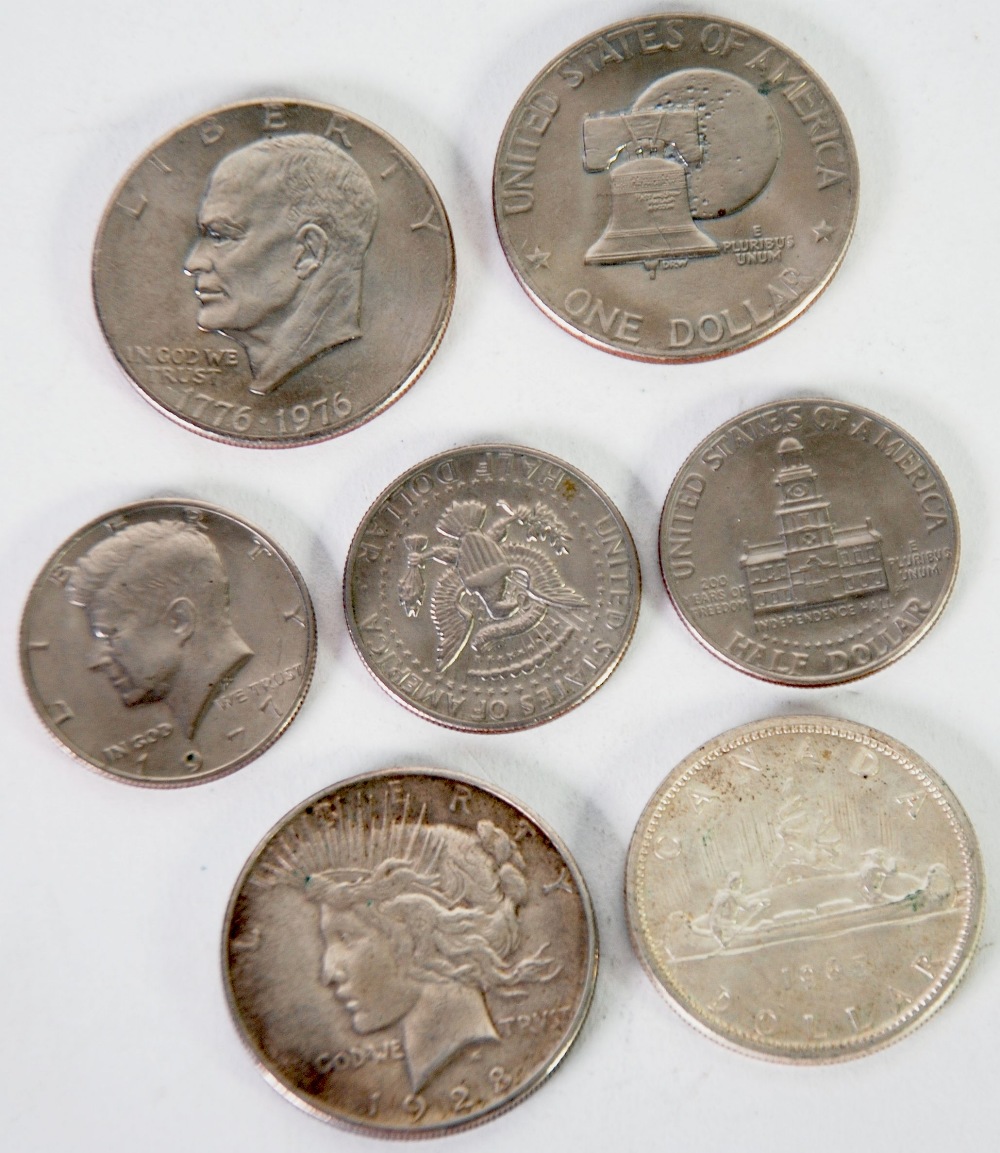 U.S.A. 1928 ON DOLLAR COIN, two USA 1976 ONE DOLLAR COINS, three USA Kennedy HALF DOLLAR COINS,