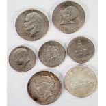 U.S.A. 1928 ON DOLLAR COIN, two USA 1976 ONE DOLLAR COINS, three USA Kennedy HALF DOLLAR COINS,