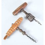 PROBABLY GERMAN LATE 19TH CENTURY/EARLY 20TH CENTURY SPRING BARREL CORK SCREW with plain turned wood