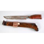 EASTERN GOLOK KNIFE, WITH HEAVY WOODEN GRIP HANDLE AND SHEALTH, blade 12 ¼" (31cm) long,