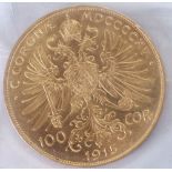 AUSTRIAN 100 CORONA GOLD COIN, dated 1915, 34gms