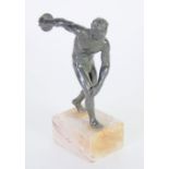 PATINATED METAL FIGURE OF A CLASSICAL DISCUS THROWER, on marble base, 6 ¾" (17cm)
