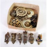 A SELECTION OF HORSE BRASSES, three lion paw FURNITURE CASTORS, and six cast brass 'novelty' small
