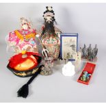 A selection of Modern Chinese souvenir items including seven gilt metal and enamel articulated carp,