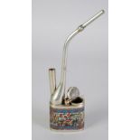 CHINESE WHITE METAL CLOISSONE ENAMEL OPIUM WATER PIPE, enamelled with flowers on a blue ground,