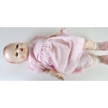 ENGLISH 1950's HARD PLASTIC BABY DOLL, with moulded hair, sleeping eyes, open mouth with teeth,