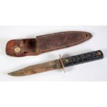 SMALL BOWIE TYPE SHEATH KNIFE, the short blade with saw back, 5" (12.7cm) long, inscribed Imperial -