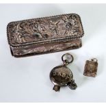 EDWARDIAN ROCOCO EMBOSSED SILVER OBLONG SMALL BOX, the hinged lid with classical garden scene with