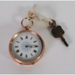 GOLD CASED FOB WATCH, keywind movement, porcelain roman dial with blue chapter ring and gilt
