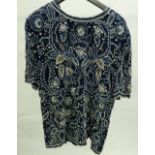 A MODERN FRANK USHER LADY'S DARK BLUE FABRIC BEADWORK AND SIMULATED PEARL APPLIQUE EVENING TOP
