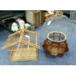 A GOOD VINTAGE, PRE 1939 OLIVEWOOD, WIRE AND GILT WIRE HANGING BIRD CAGE, in the Tunisian manner