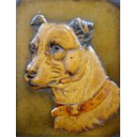 PAIR OF EMBOSSED LEATHER PANELS depicting dogs heads, one initialled W.H. to the collar, 12 1/4" x 9