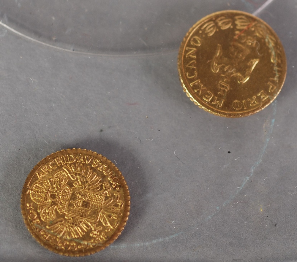 AUSTRIAN MODERN TINY GOLD COIN, Maria Theresa 1760 and ANOTHER Maximiliano Mexico 1865 .65gms (2)