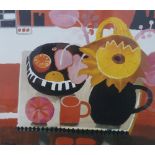 MARY FEDDEN ARTIST SIGNED LIMITED EDITION COLOUR PRINT Still life - Sunflower in a jug bowl of fruit