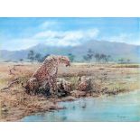 JOHN SEEREY-LESTER (B.1945) ARTIST SIGNED COLOUR PRINT Cheetah with young 17" x 22" (43.2cm x 55.