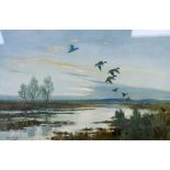 PETER SCOTT ARTIST SIGNED COLOUR PRINT Ducks in flight in a sunset river landscape 14" x 21" (35.6cm