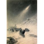 AFTER JOSEPH FARQUHARSON LARGE SIGNED LITHOGRAPHIC PRINT, Sheep and shepherd in winter landscape,