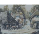 HENRY G. WALKER FOUR ARTIST SIGNED COLOUR ETCHINGS Figures outside cottages 8" x 10" (20.3cm x 35.