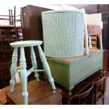 VICTORIAN GREEN PAINTED HARDWOOD KITCHEN STOOL, WITH CIRCULAR PANEL SEAT; A GREEN LOOM CORNER SOILED