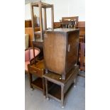 AN OAK OBLONG UMBRELLA STAND; AN OAK TEA TROLLEY, TWO TIER WITH TWO END DRAWERS, AN OAK PEMBROKE TEA