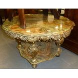 ORNATE HEAVY QUALITY GILT BRASS CIRCULAR TWO TIER COFFEE TABLE WITH GREEN ONYX TOPS AND