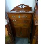 EDWARDIAN LINE INLAID MAHOGANY MUSIC CABINET, TYPICAL FORM WITH SHORT BACK AND THREE DRAWERS, OVER A