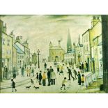 •LAURENCE STEPHEN LOWRY (1887-1976) COLOUR PRINT 'A Lancashire Village' with printed titled and