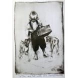 HAROLD RILEY (b.1934) ARTIST SIGNED BLACK & WHITE PRINT 'Street vendor Boy with two Dogs' Signed 17"