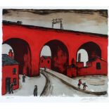 •ALAN LOWNDES (1921 - 1978) LITHOGRAPH IN COLOURS 'Stockport Viaduct' Signed and dated in pencil