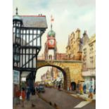 ALBIN TROWSKI (1919 - 2012) PEN AND WATERCOLOUR DRAWING Eastgate and Clock, Chester' Signed and