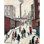 •LAURENCE STEPHEN LOWRY (1887 - 1976) ARTIST SIGNED COLOUR PRINT 'Street Scene' near a factory Guild