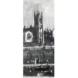 HAROLD RILEY (b.1934) ARTIST SIGNED MONOCHROME PRINT 'Manchester Cathedral' 11" x 4 1/2" (28cm x