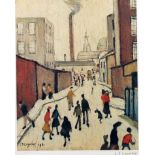 • LAURENCE STEPHEN LOWRY (1887 – 1976) ARTIST SIGNED COLOUR PRINT ‘Street Scene’ near a factory