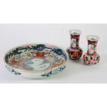 PAIR OF JAPANESE IMARI GLOBE AND SHAFT VASES, with long flared necks, 5" (12.7cm) high AND A