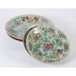 TWO PAIRS OF CHINESE CELADON PLATES, with enamelled famille rose decoration of butterflies and birds