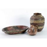 THREE PIECES OF 'RUSCHA ART', GERMAN POTTERY COMPRISING; shallow oval DISH, 12" x 8" (30.5cm x 20.