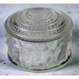 A POST WAR LALIQUE, FRANCE, MOULDED AND FROSTED GLASS COVERED BOWL, the compressed cylindrical