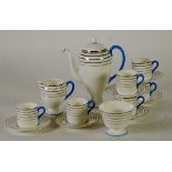 FIFTEEN PIECE WEDGWOOD ART DECO CHINA COFFEE SERVICE FOR SIX PERSONS, banded in silver lustre and