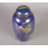 CARLTON WARE 'PERSIAN' PATTERN CHINA VASE AND COVER, of slender form with domed cover, gilt