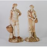 A PAIR OF CIRCA 1890 ROYAL WORCESTER PORCELAIN JAMES HADLEY MODELLED FIGURES of a man carrying a