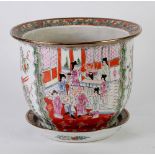 LARGE TWENTIETH CENTURY CHINESE CANTON PORCELAIN JARDINIERE AND STAND, decorated with interior