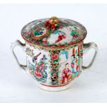 NINETEENTH CENTURY CHINESE CANTON FAMILLE ROSE PORCELAIN TWO HANDLED CUP AND COVER, decorated with