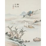 CHINESE PROBABLY REPUBLIC PERIOD INK AND WATERCOLOUR DRAWING, on paper laid down on silk border,